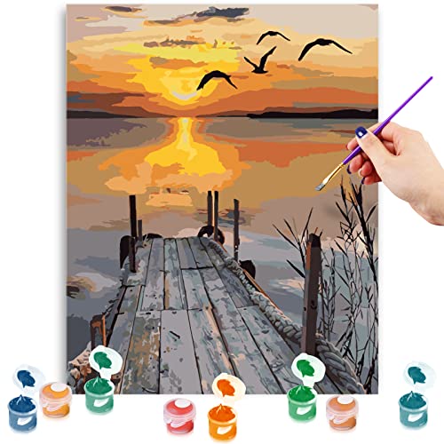 MILEADER Pintar por Numeros Kit 16 * 20 Pulgadas Pintura acrílica para Adultos y Niños con Lupa 3X, Pinceles y Pinturas - Puesta de Sol (Sin Marco)