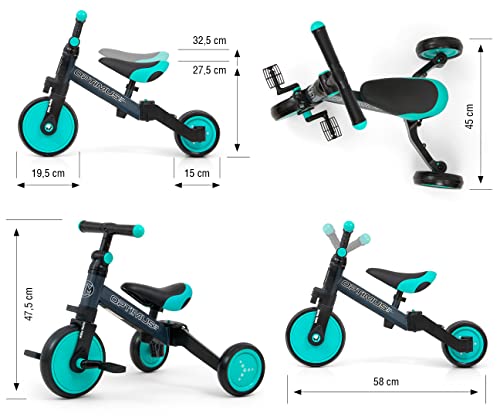 Milly Mally Optimus Bicicleta infantil 3 en 1, triciclo, bicicleta con pedales, para niños y niñas a partir de 1 año, andador para niños, antideslizante, para un regalo, menta
