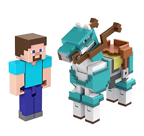 Minecraft Steve y caballo con armadura Pack 2 figuras de acción con accesorios, juguete +6 años (Mattel HDV39)