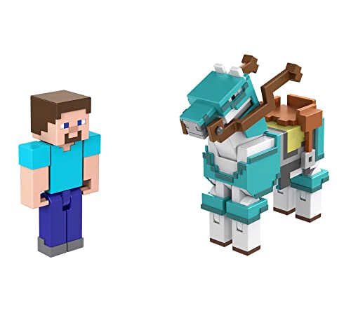 Minecraft Steve y caballo con armadura Pack 2 figuras de acción con accesorios, juguete +6 años (Mattel HDV39)