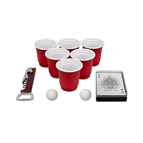 Mini juego de cerveza pong, juego de beber para adultos, suministros de fiesta de pub, 2 bolas de ping pong, 1 abridor de botellas y 1 paquete de tarjetas