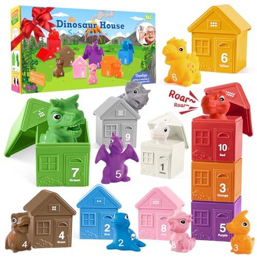 Mini Tudou Juguetes Montessori 1,2,3 años,20 Piezas Dinosaurios Juguetes con Marionetas de Dedo & Bebe Juguetes Apilables,Conteo Juguetes para Niños Regalos para bebés