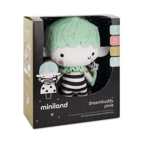 Miniland - Dreambudy Pixie - Elfo de peluche para bebé que reproduce sonidos relajantes y los cuentos o nanas que quieras grabar para que sienta a sus papás siempre cerca.