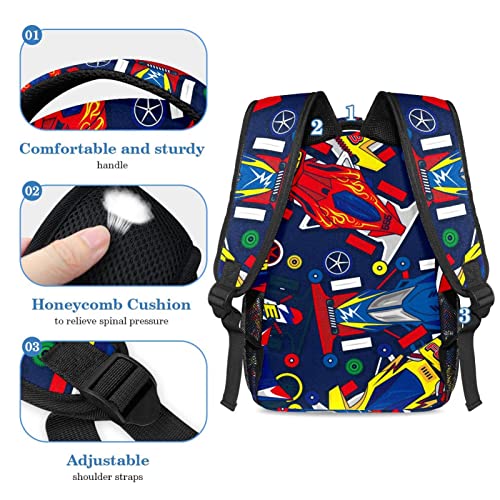 Mochila con estuche para lápices y correa ajustable Junior/High/University School Bookbag para mujeres, hombres, adolescentes, coches de carreras, Multicolor