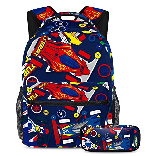 Mochila con estuche para lápices y correa ajustable Junior/High/University School Bookbag para mujeres, hombres, adolescentes, coches de carreras, Multicolor