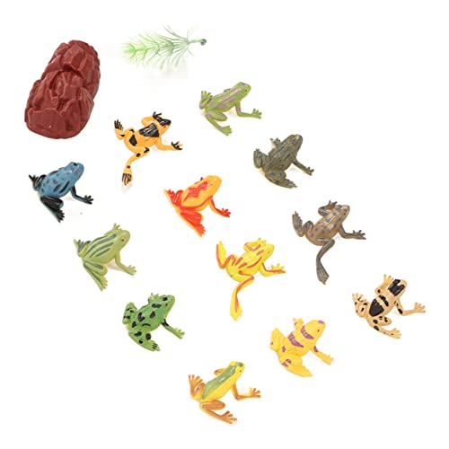 Modelo de ranas, múltiples formas, respetuoso con el medio ambiente, 12 piezas, buena elasticidad, juego de juguetes anfibios, impermeable, con hierba falsa y piedra para la educación temprana