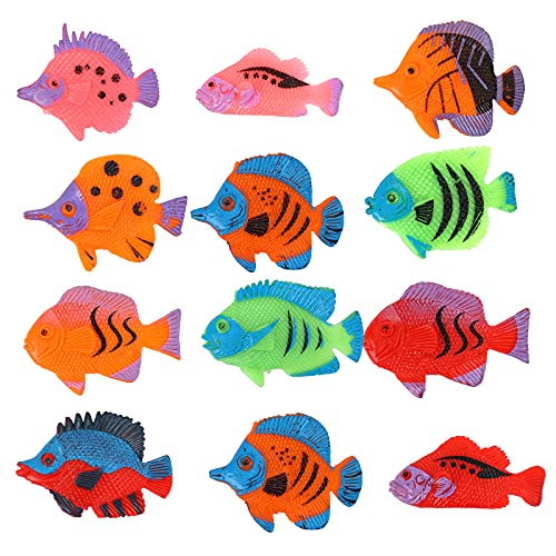 Molain Juguetes de peces tropicales, 12 piezas de mini peces tropicales recuerdos de fiesta juguetes de peces de plástico para niños, niñas, niños, multicolor, 2 x 1.5 pulgadas / 3.8 x 5 cm