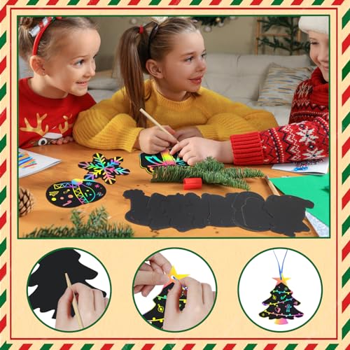 MONCAP 48 unidades de papel rascador de Navidad, imágenes para rascar, arco iris, juego de manualidades para niños con lápices de madera, cintas para decoración de Navidad, invierno, fiestas, regalos
