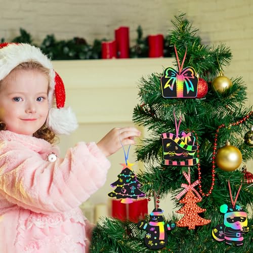 MONCAP 48 unidades de papel rascador de Navidad, imágenes para rascar, arco iris, juego de manualidades para niños con lápices de madera, cintas para decoración de Navidad, invierno, fiestas, regalos