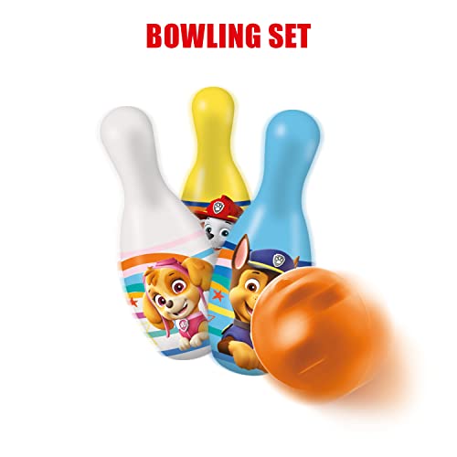 MONDO- Paw Patrol Toys Incluye 1 Bola y 6 Bolos temáticos de la Patrulla Canina-Juguetes Deportivos-Juego para niños de 2 3 4 años-28308, Multicolor (M1228308)