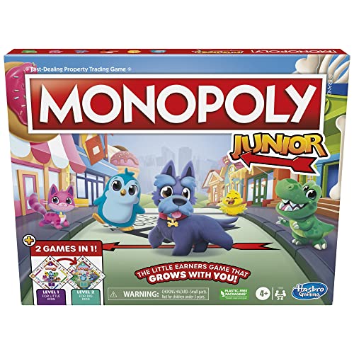Monopoly Junior Juego de mesa, tablero de juego de 2 lados, 2 juegos en 1, juego de monopolio para niños más pequeños de 4 años en adelante, juegos para niños de 2 a 6 jugadores
