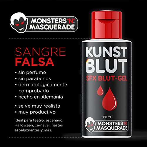 Monsters'n'Masquerade® Sangre Artificial Profesional Rojo de 150ml | Gel de Sangre Falsa SFX | Fabricado en Alemania | Sin Perfume & Sin Parabenos | Vampiro Zombi Carnaval