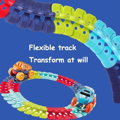 Montessori Track - Ultra-Flexible Machine Track, Pista De Carreras De Bricolaje, Pistas De Autos Mágicas Flexibles, Juego De Pistas De Autos con Iluminación LED (92 Pcs)