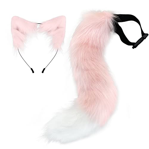 Moyubath Juego de cola y orejas, orejas de gato, diadema de cola de zorro de lobo, disfraz de animal para adultos, tocado de piel sintética, color rosa