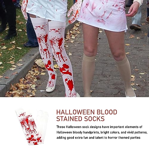 MUYAPAY Medias Calcetines de Manchadas Sangre,2 Pares Calcetines Sangrientos De Miedo,Medias Manchadas de Sangre de Halloween Blancas Sangrientas de Rodilla,Disfraz De Cosplay De Halloween