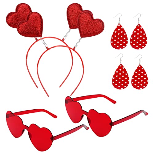 MWOOT 2 Series Gafas de Sol Corazon, Diadema de Corazón, Corazón Pendientes de Cuero, Accesorios para Disfraces de Corazón Rojo para San Valentín Cumpleaños Boda Soltera Fiesta de Fin de Año