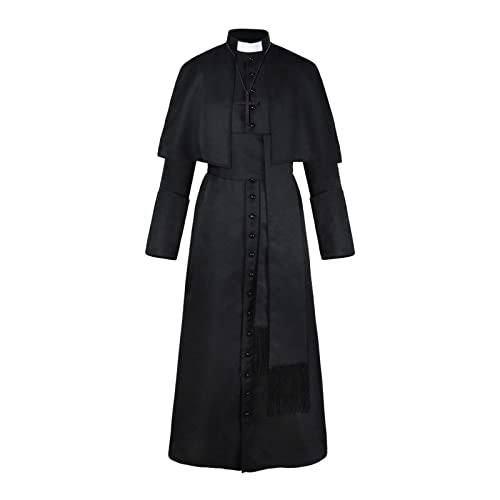 Mymyguoe Bata de sacerdote clero clérigo sotana clero predicador cassock hombre alabanza túnica de adoración para adultos gótico steampunk Halloween negro santo sacerdote disfraz
