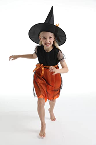 MYYBX Disfraz de Bruja para Niñas, Disfraz Halloween Niña con Sombrero Vestido de Bruja Infantil en Color Naranja para Cosplay Halloween, Carnaval y Navidad (M)