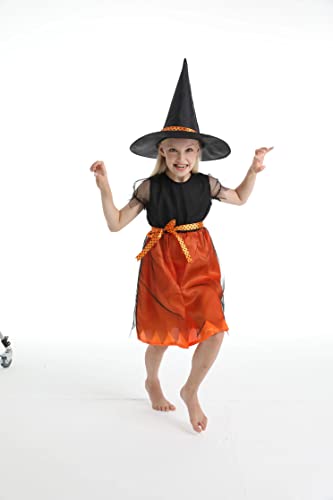 MYYBX Disfraz de Bruja para Niñas, Disfraz Halloween Niña con Sombrero Vestido de Bruja Infantil en Color Naranja para Cosplay Halloween, Carnaval y Navidad (M)