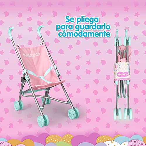 Nenuco - Sillita de metal, carrito de paseo de juguete de color rosa y azul metálica, plegable para llevar a tu bebé Nenuco de paseo y jugar con los muñecos, a partir de 3 años, Famosa (NFN31000)