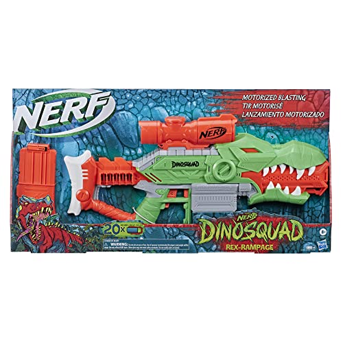 NERF DinoSquad Rex-Rampage Motorized Dart Blaster, 10-Dart Clip, 20 Official Darts, 10-Dart Storage- T-Rex Dinosaur Design