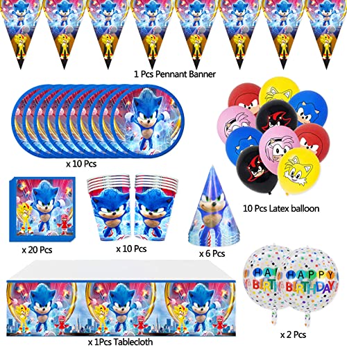 Newtic Sonic - Juego De DecoracióN Para Fiestas De CumpleañOs, 60 Unidades, Sonic The Hedgehog Party Supplies Para Fiestas, Incluye Mantel, Servilletas, Globos, Pancartas Para 10 NiñOs Y NiñAs
