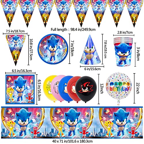 Newtic Sonic - Juego De DecoracióN Para Fiestas De CumpleañOs, 60 Unidades, Sonic The Hedgehog Party Supplies Para Fiestas, Incluye Mantel, Servilletas, Globos, Pancartas Para 10 NiñOs Y NiñAs
