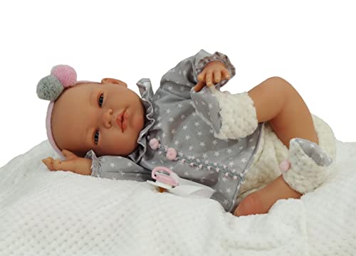 Nines Muñeca Bebé Reborn R/1036. Preciosa muñeca con Vestido de Regalo. Muñeco bebé Reborn articulado de Vinilo, de tamaño 48cm. Complemento, pañal, Certificado Nacimiento, Vestido, biberón, Chupete.