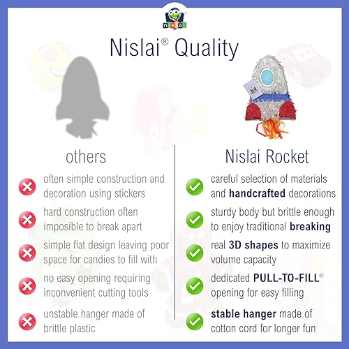 Nislai® Cohete Rocket Piñata | ideal para el cohete espacial Party | Piñata Niños Cumpleaños | Regalo de piñata | Fiesta de astronauta | Gran diversión para golpear | 40 x 25 x 20 cm