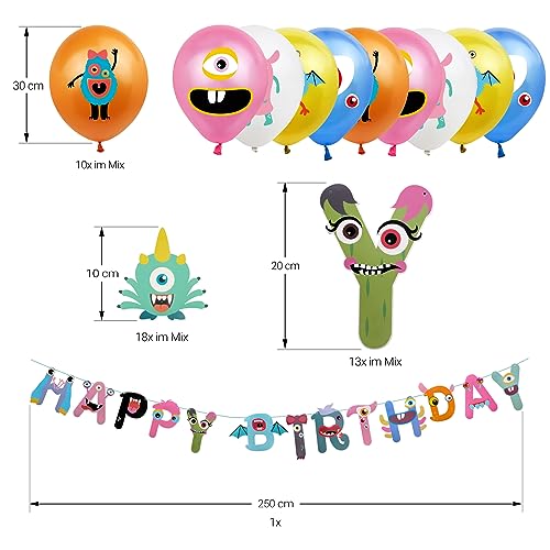 Oblique Unique® Juego de decoración de fiesta de cumpleaños para niños, 10 globos + guirnalda de feliz cumpleaños + decoración para tartas de monstruos para cumpleaños fiesta temática