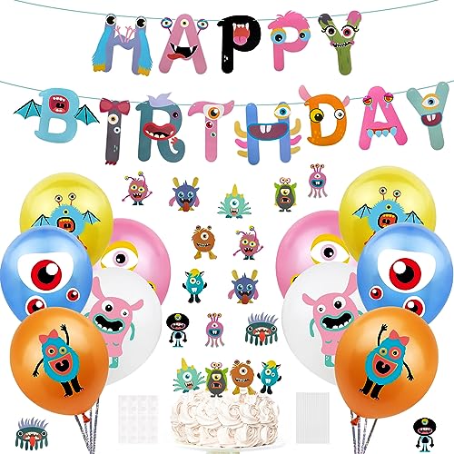 Oblique Unique® Juego de decoración de fiesta de cumpleaños para niños, 10 globos + guirnalda de feliz cumpleaños + decoración para tartas de monstruos para cumpleaños fiesta temática