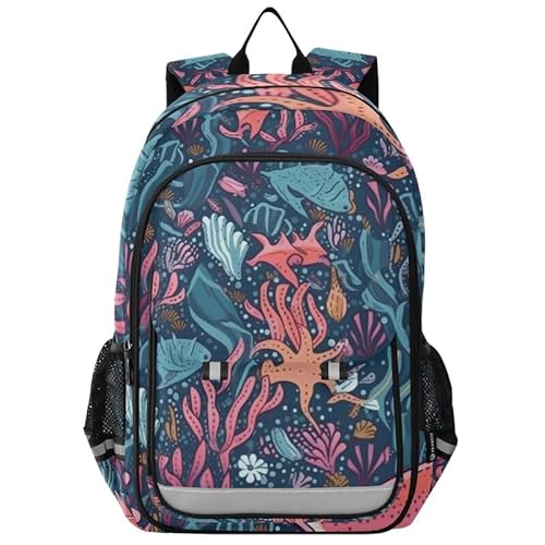 ODAWA Mochila escolar para niños con tiburones rosas y coral, mochila casual para viajes con bolsillos laterales para botellas, mochila para niñas y niños, Tiburones rosados y coral, Talla única
