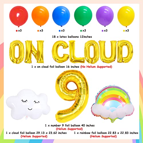On Cloud 9 decoraciones de cumpleaños para niñas, 9 globos de oro en la nube, globo de nube arcoíris para nube, suministros de fiesta de cumpleaños 9