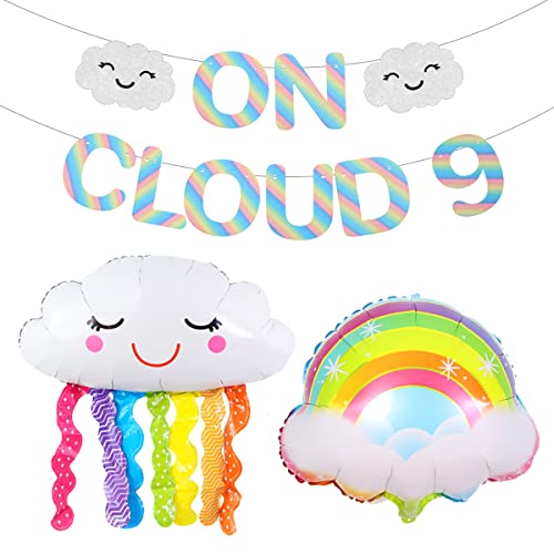 On Cloud 9 decoraciones de cumpleaños para niñas, en la nube, 9 banderines, globos de nube de arco iris para suministros de fiesta de 9 cumpleaños