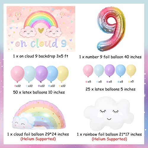 On Cloud Juego de decoración de 9 cumpleaños para niña, diseño de globos de macaron en colores pastel con 9 telón de fondo, decor de cumpleaños con temática de cielo arcoíris para niñas de 9 años