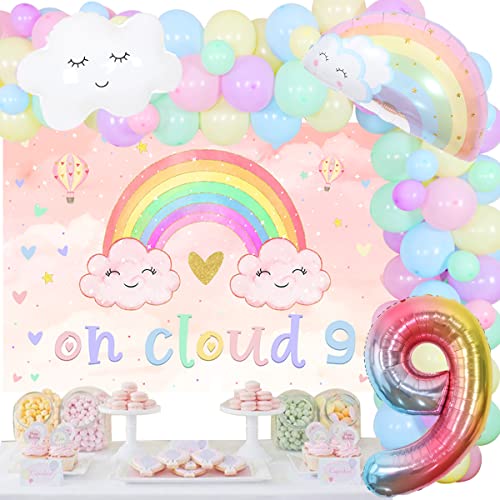 On Cloud Juego de decoración de 9 cumpleaños para niña, diseño de globos de macaron en colores pastel con 9 telón de fondo, decor de cumpleaños con temática de cielo arcoíris para niñas de 9 años