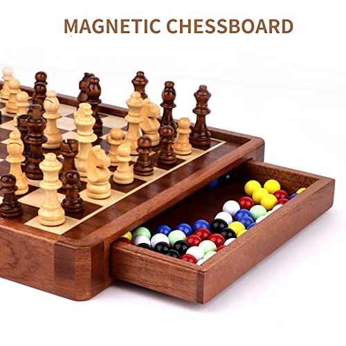 OOCOME Juego de ajedrez de madera y damas chinas, juego de ajedrez magnético para adultos, juegos de mesa 2 en 1 con cajón de almacenamiento, caja de nogal (OOAC895)