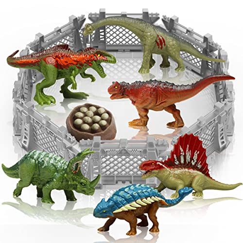Oriate Juguete de dinosaurio para niños de 3 años y juego superior, suministros de fiesta de cumpleaños de dinosaurios de 4 pulgadas, incluye 6 mini figuras de dinosaurios, 8 vallas, niños 207-2 …
