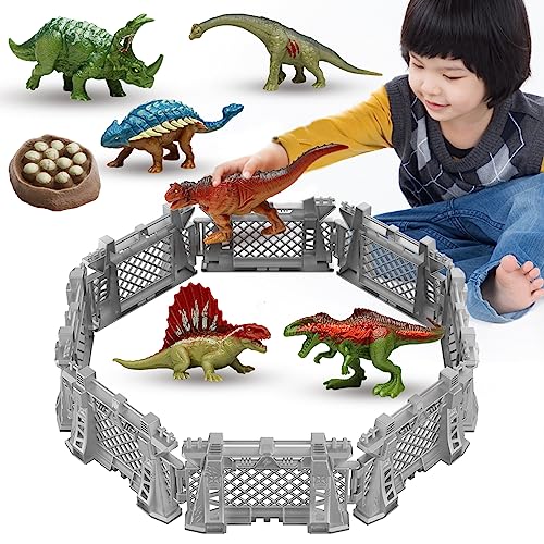 Oriate Juguete de dinosaurio para niños de 3 años y juego superior, suministros de fiesta de cumpleaños de dinosaurios de 4 pulgadas, incluye 6 mini figuras de dinosaurios, 8 vallas, niños 207-2 …