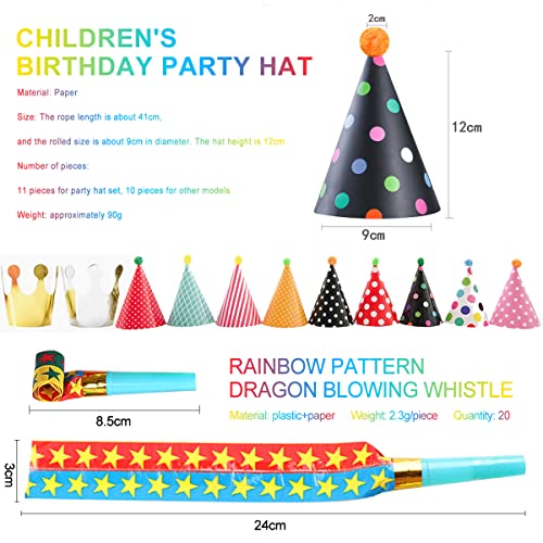 Osuter Sombrero Fiesta Cumpleaños, 11 Piezas Sombreros Cono Fiesta Cumpleaños,Gorros de Fiesta con 20 Piezas Silbato Gorros de Fiesta Cumpleaños para Niños Decoración Fiesta Cumpleaños