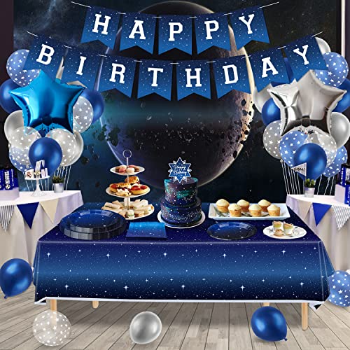 Paquete de 120 suministros de fiesta de galaxia espacial, juego de vajilla de noche estrellada, plato de feliz cumpleaños, placa de espacio exterior, decoración de fiesta de cumpleaños, sirve para 40