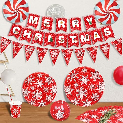Paquete de 167 accesorios para fiestas navideñas, decoraciones navideñas, copos de nieve, decoraciones temáticas navideñas, juego de vajilla - platos de papel de Navidad, mantel, pancartas de