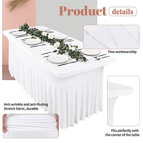 Paquete de 3 faldas de mesa de licra para mesas rectangulares, color blanco, 6 pies, mantel elástico ajustado, mantel resistente a las arrugas falda de mesa de licra para banquetes, ferias comerciales