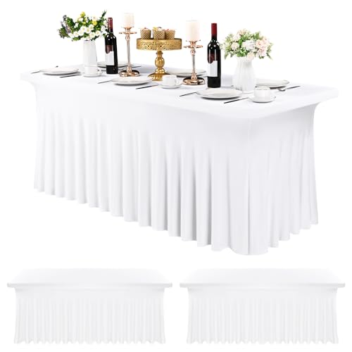 Paquete de 3 faldas de mesa de licra para mesas rectangulares, color blanco, 6 pies, mantel elástico ajustado, mantel resistente a las arrugas falda de mesa de licra para banquetes, ferias comerciales