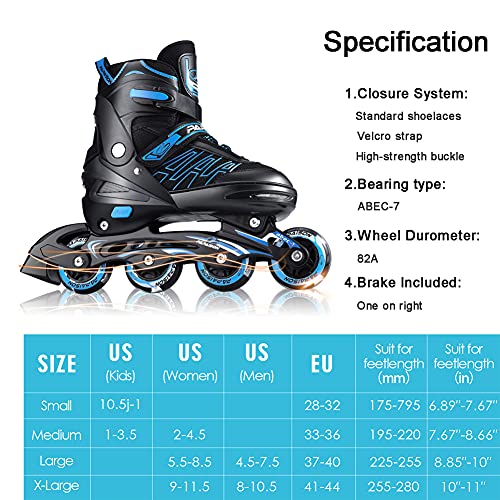 Patines en Linea Ajustables con Ruedas Luminosas Inline Skates/Rollerblade, Profesionales para Adultos y Niñas y Niños (L, Azul)