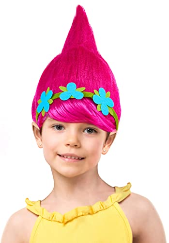 Peluca de Troll para niños y niñas en rosa, turquesa y verde para complementar el disfraz de Trolls en carnaval y fiestas de disfraces (rosa + corona de flores)