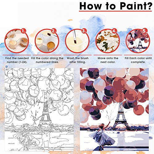 Pintar por números para adultos paisaje de globos de París - Pintura para pintar por números con pinceles y colores brillantes Cuadro de lienzo con numeros pre dibujado fácil de pintar