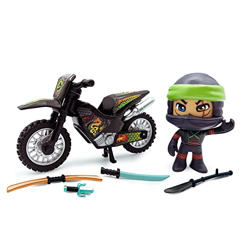 Pinypon Action - The Ninja Motorbike Demon, moto deportiva negra, detalles de dragón para figura de acción, 1 muñeco y accesorios de juego, juguete para niños y niñas desde 4 años, Famosa (PNC25000)
