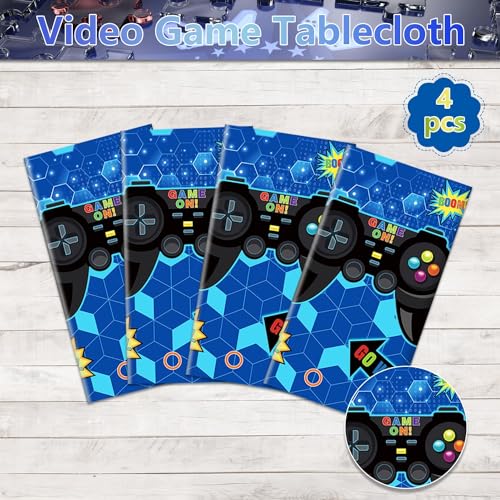 PIXHOTUL 4 manteles de videojuegos para decoración de fiesta de juegos, fundas de mesa de plástico, decoraciones de cumpleaños azules para niños, suministros de fiesta de jugadores, 130 x 220 cm