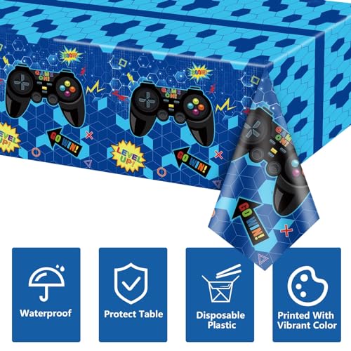 PIXHOTUL 4 manteles de videojuegos para decoración de fiesta de juegos, fundas de mesa de plástico, decoraciones de cumpleaños azules para niños, suministros de fiesta de jugadores, 130 x 220 cm